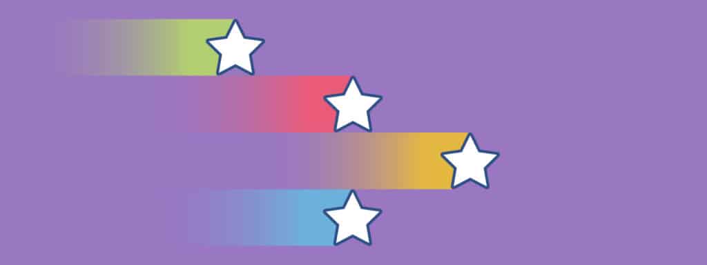 Four white stars with blue outlines appear in a diagonal line, each with a colored gradient trail (green, red, yellow, blue) on a purple background.