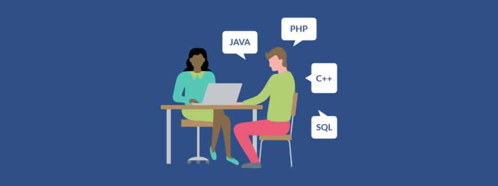 Two people sit at a table with a laptop, talking. Speech bubbles show programming languages: JAVA, PHP, C++, and SQL. Blue background.