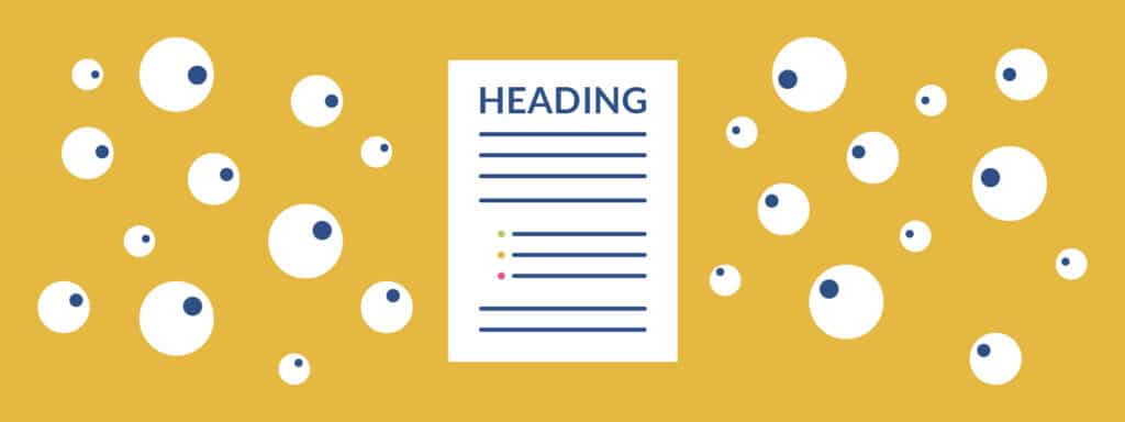 A document with a heading and bulleted text is surrounded by illustrated eyeballs on a yellow background, symbolizing many people viewing or reading the content.