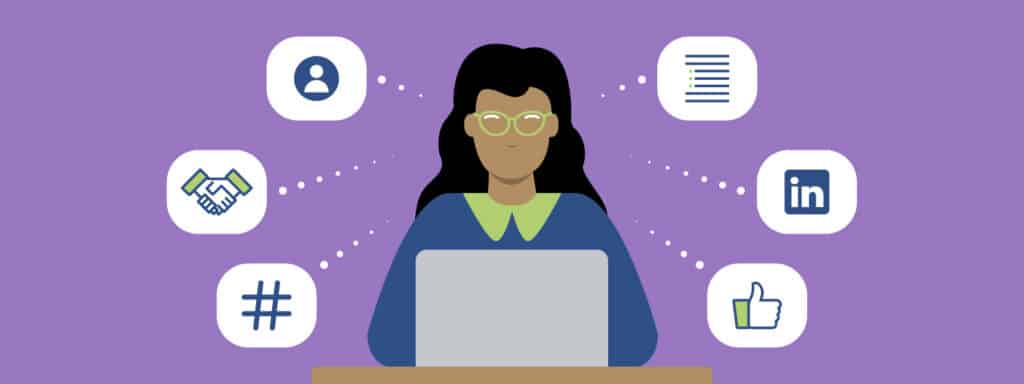 Illustration of a person with glasses using a laptop, surrounded by icons representing social media elements such as a profile, handshake, hashtag, document, LinkedIn logo, and a thumbs-up on a purple background.