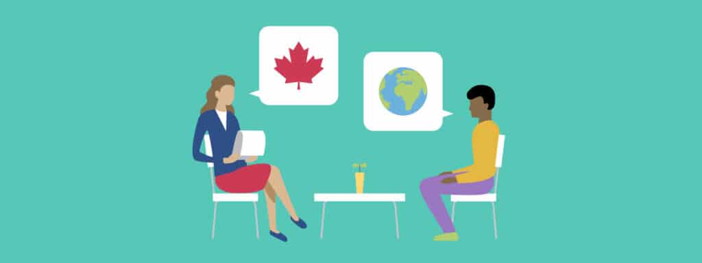 An illustration of two people sitting and talking; one has a speech bubble with a red maple leaf and the other has a speech bubble with an image of the Earth.