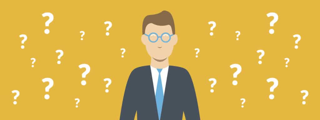 Illustration of a man in a suit and glasses standing on a yellow background, surrounded by multiple white question marks.