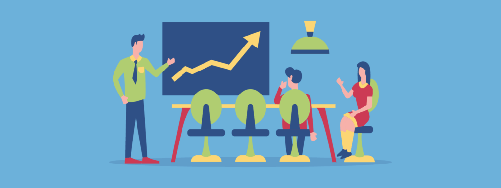 Illustration of a man giving a presentation with a rising arrow chart on a screen, while two people sit at a table listening. The background is blue and the scene is brightly colored.