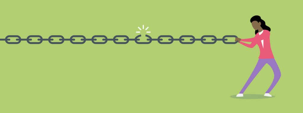 Illustration of a woman pulling on a metal chain, with one weak, cracked link in the middle, against a light green background.