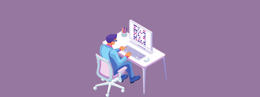 An illustration of a person sitting at a desk, typing on a laptop with a large monitor displaying charts or graphs. The desk has pens, papers, and a mouse. The background is solid purple.
