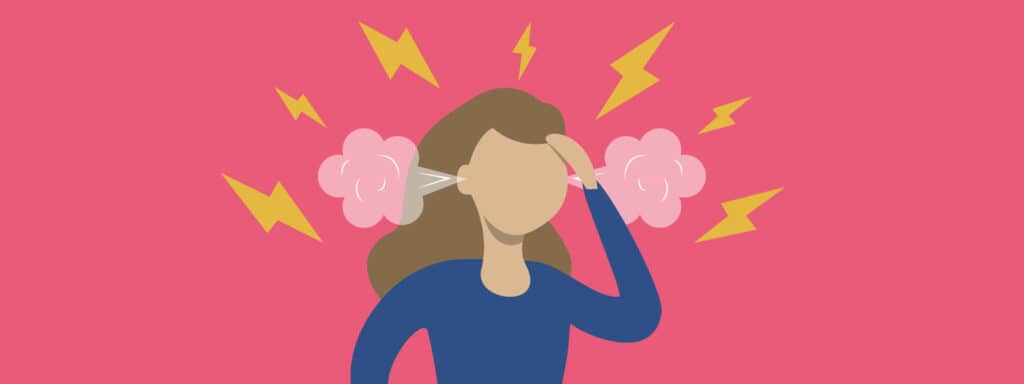 Illustration of a person holding their head with a frustrated expression, steam coming from their ears, and yellow lightning bolts around, all on a pink background, symbolizing stress or anger.