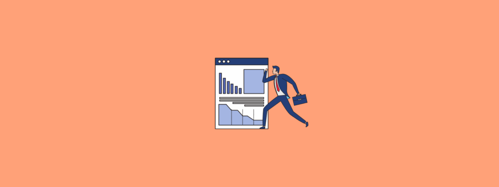 Illustration of a businessperson holding a briefcase, standing beside a large analytics dashboard showing various graphs and charts, on a solid peach background.