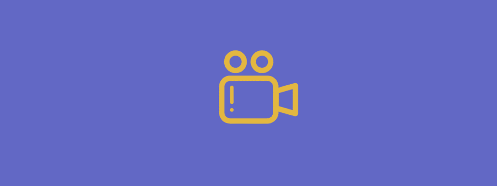 A yellow icon of a classic movie camera on a solid blue background. The camera has two circular reels on top and a rectangular body with a lens on the right side.