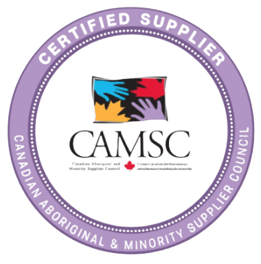 Circular badge with a purple border that reads "Certified Supplier" and "Canadian Aboriginal & Minority Supplier Council" around the edge. The center features colorful overlapping hands and the CAMSC logo.